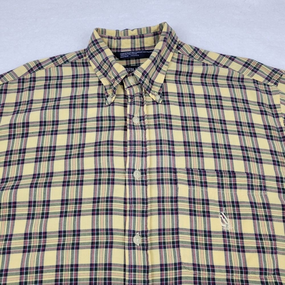 Vintage Nautica Button Down Shirt Mens Large L Yellow Plaid Cotton Long Sleeve